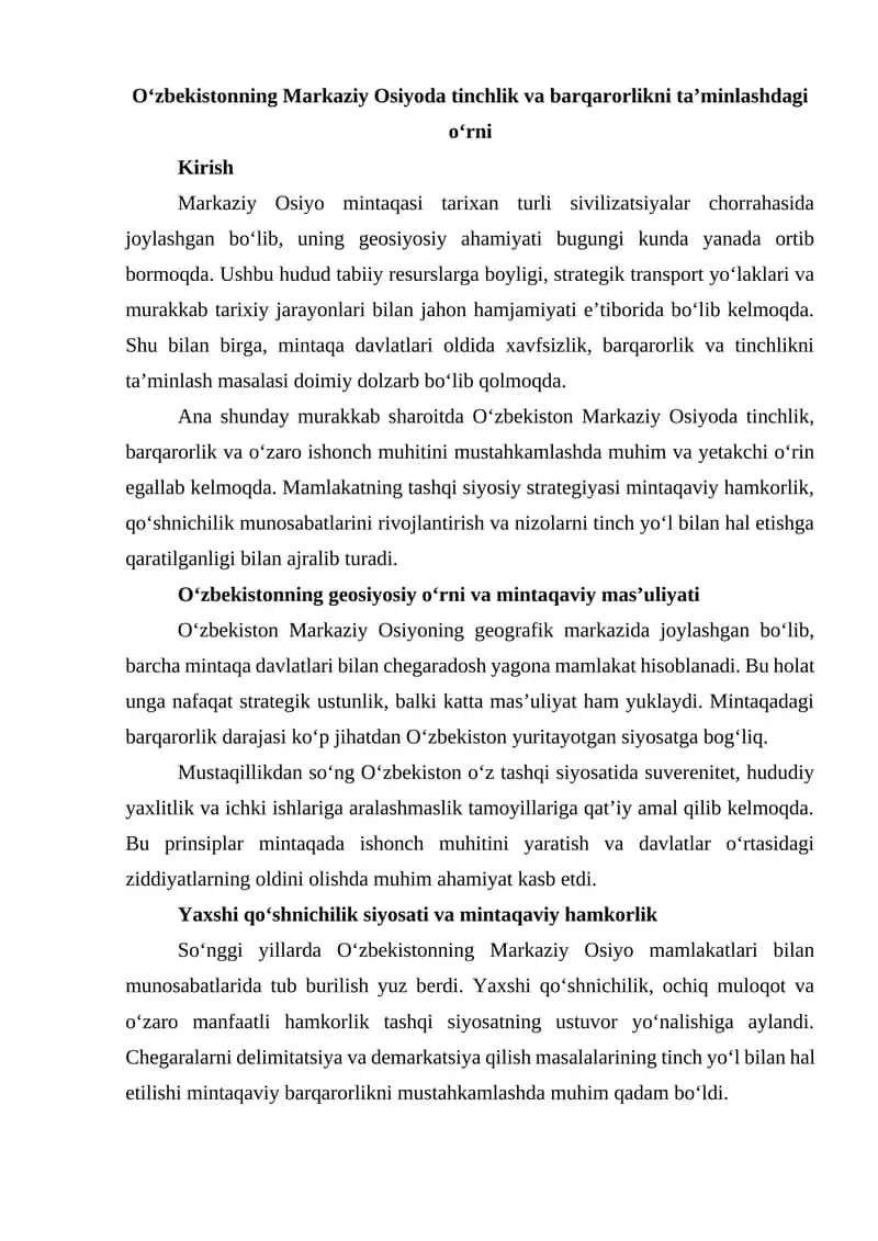 Oʻzbekistonning Markaziy Osiyoda tinchlik va barqarorlikni ta’minlashdagi oʻrni 1