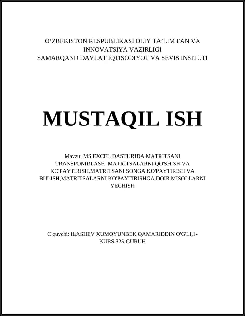 MS EXCEL DASTURIDA MATRITSANI TRANSPONIRLASH 1