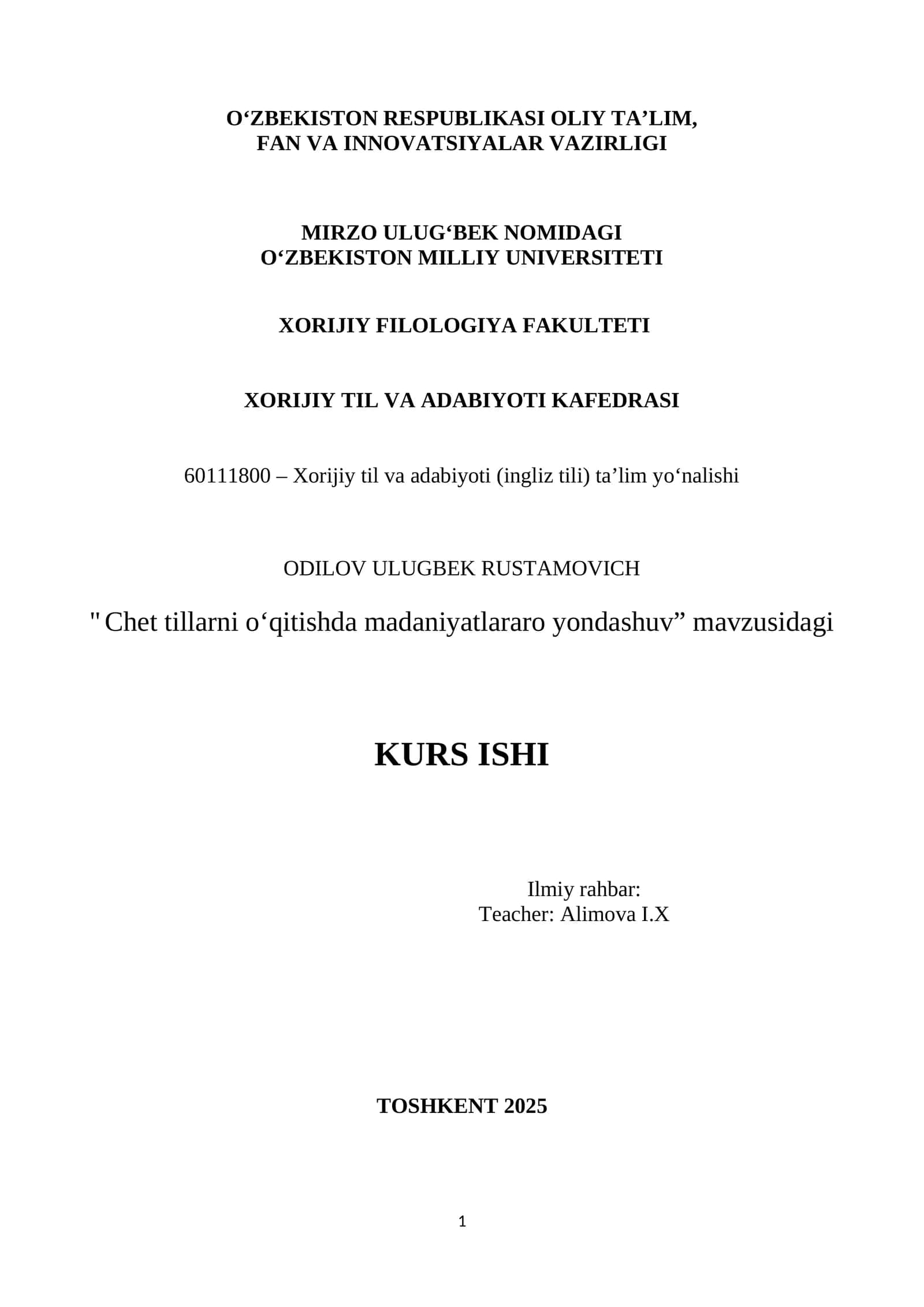 " Chet tillarni o‘qitishda madaniyatlararo yondashuv” mavzusidagi KURS ISHI 1