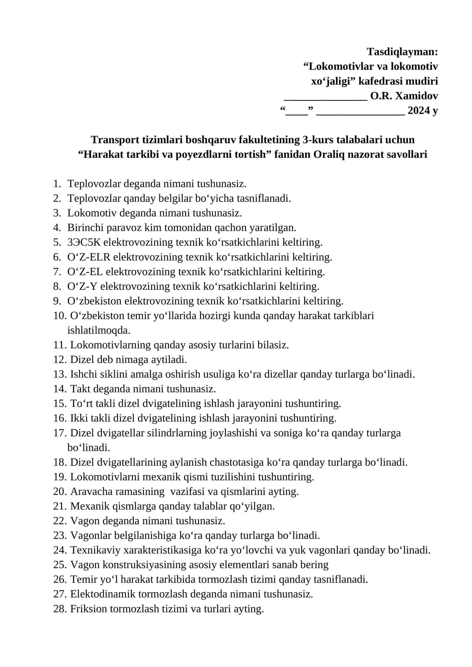 Harakat tarkibi va poyezdlarni tortish fanidan Oraliq nazorat savollari 1