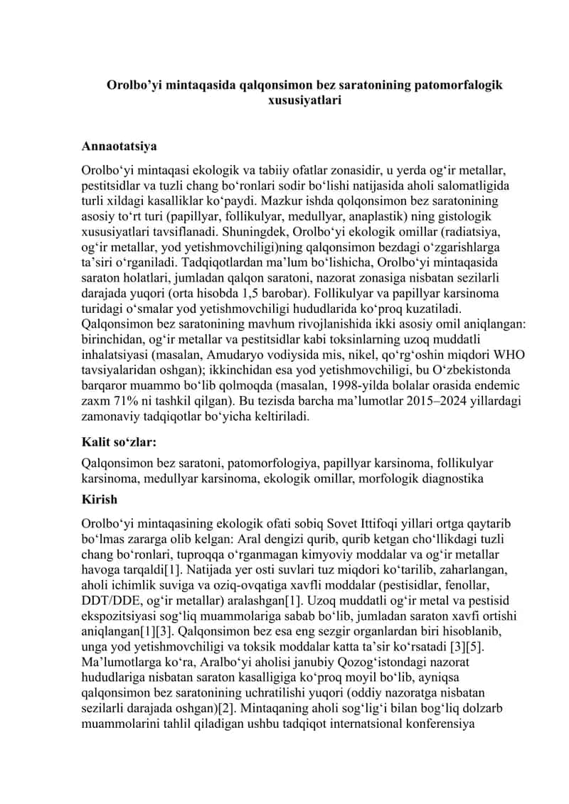 Orolbo’yi mintaqasida qalqonsimon bez saratonining patomorfalogik xususiyatlari 1