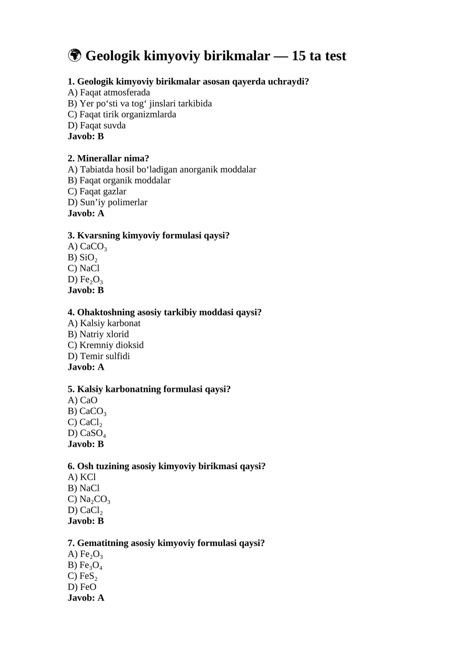 Geologik kimyoviy birikmalar — 15 ta test 1