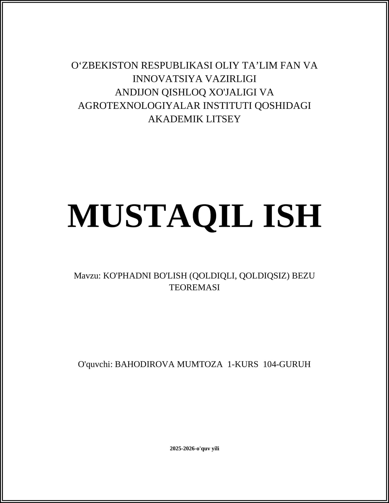 KO'PHADNI BO'LISH (QOLDIQLI, QOLDIQSIZ) BEZU TEOREMASI 1