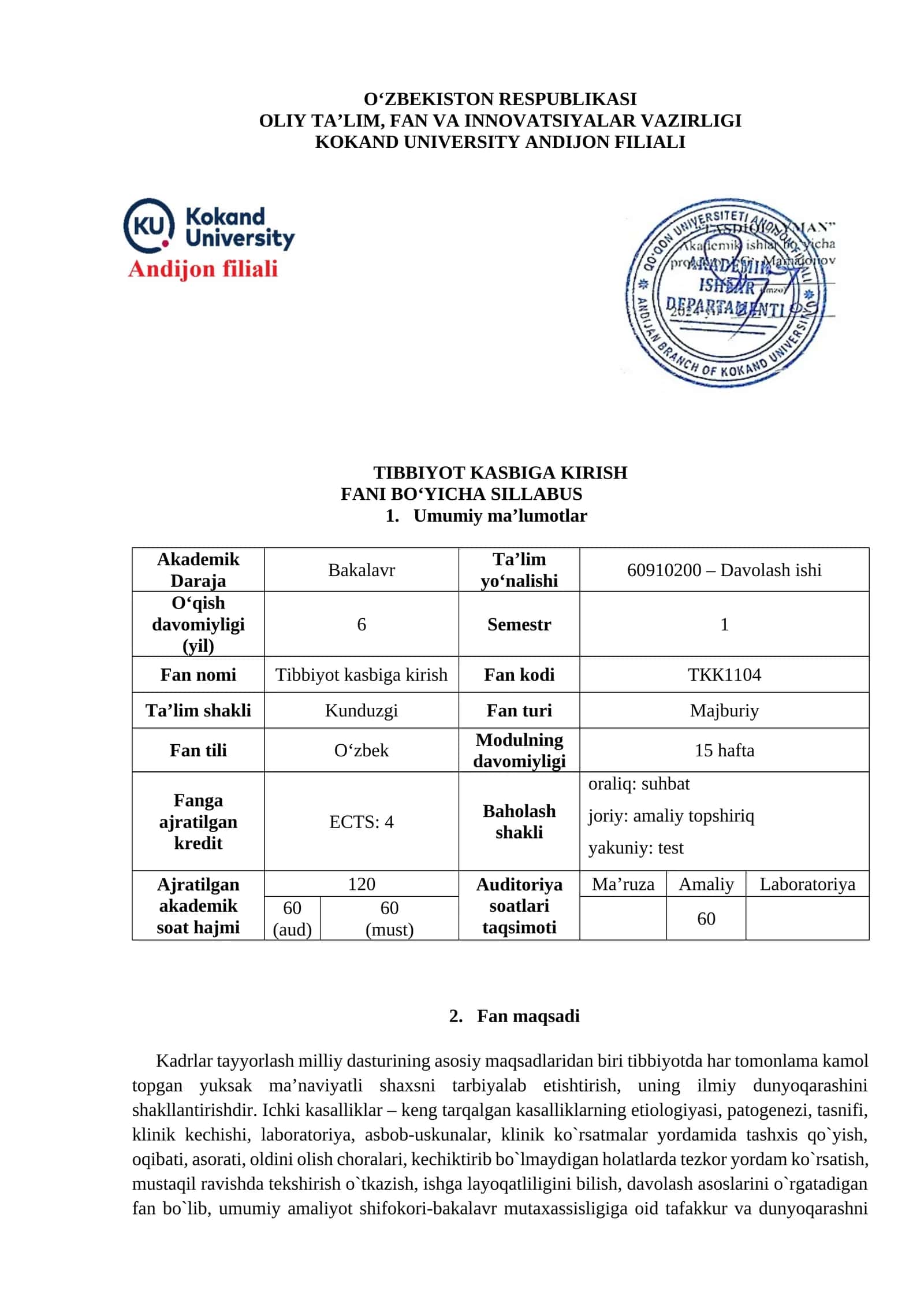 Tibbiyot Kasbiga Kirish 1