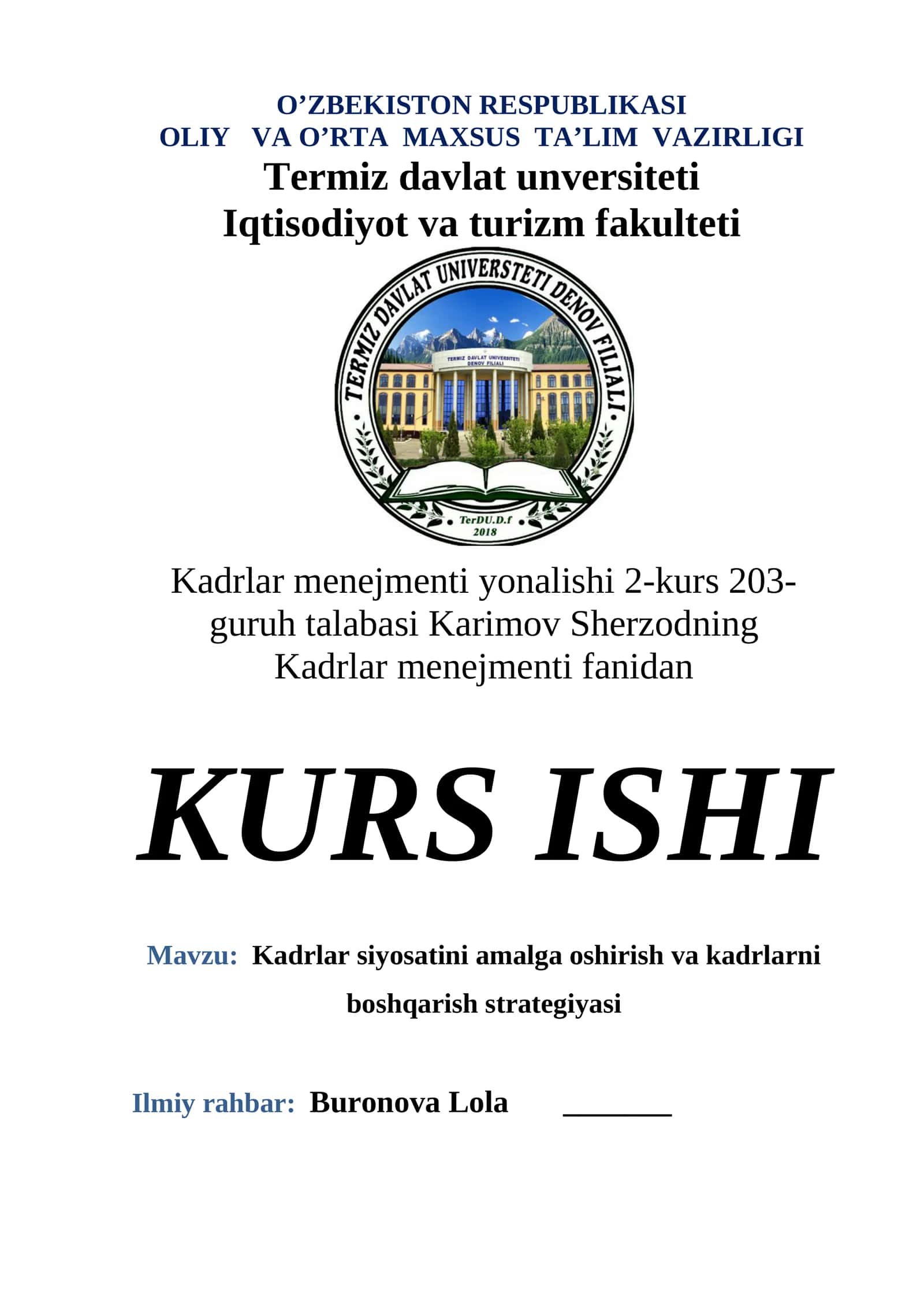 Kadrlar siyosatini amalga oshirish va kadrlarni boshqarish strategiyasi 1