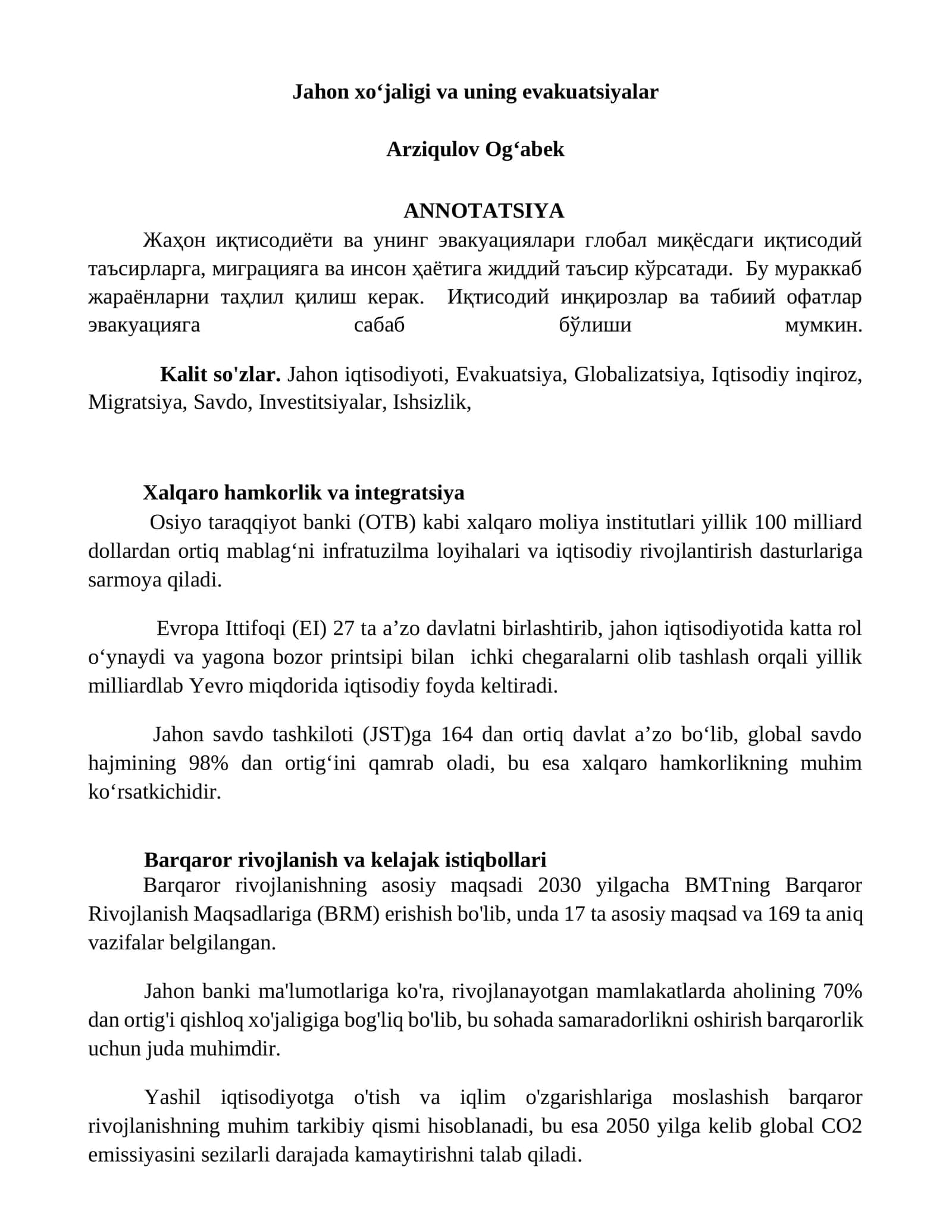 Jahon xoʻjaligi va uning evakuatsiyalar 1