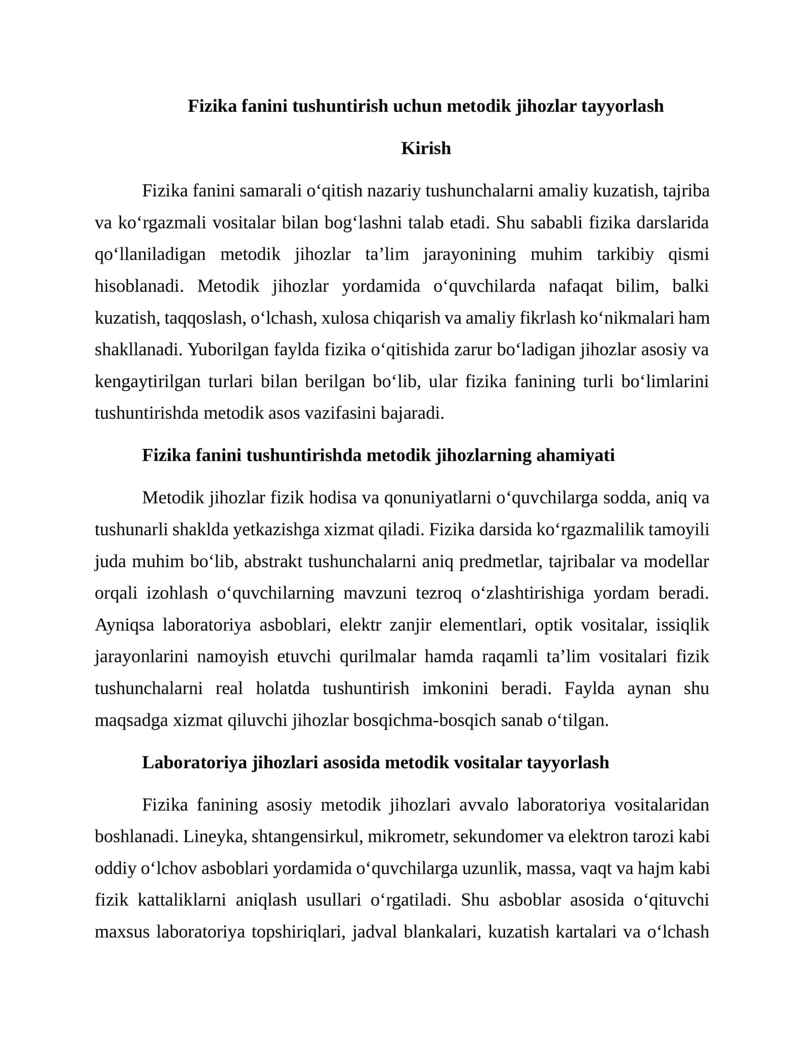 Fizika fanini tushuntirish uchun metodik jihozlar tayyorlash 1