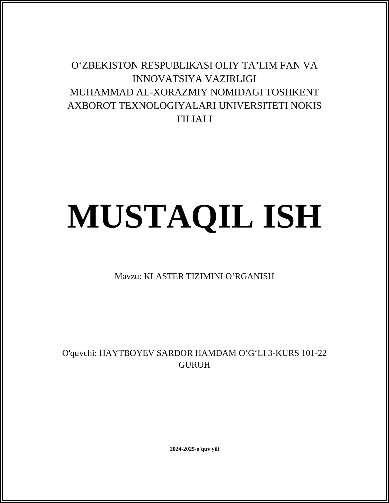 KLASTER TIZIMINI OʻRGANISH 1