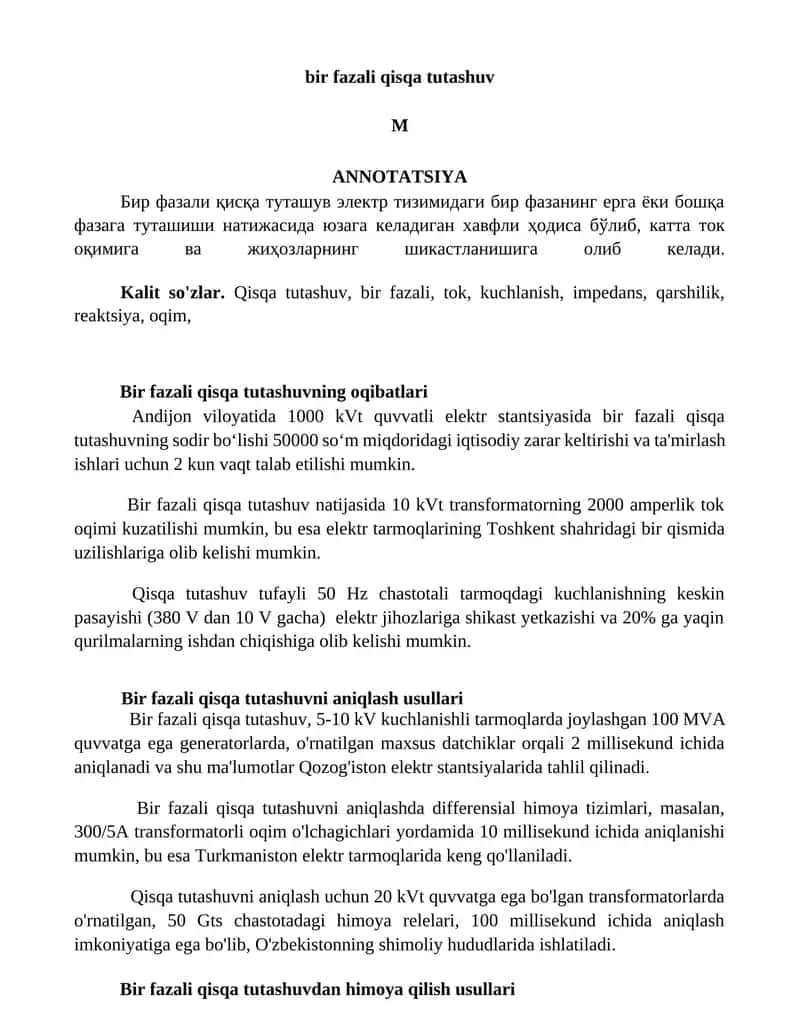 Bir fazali qisqa tutashuv 1