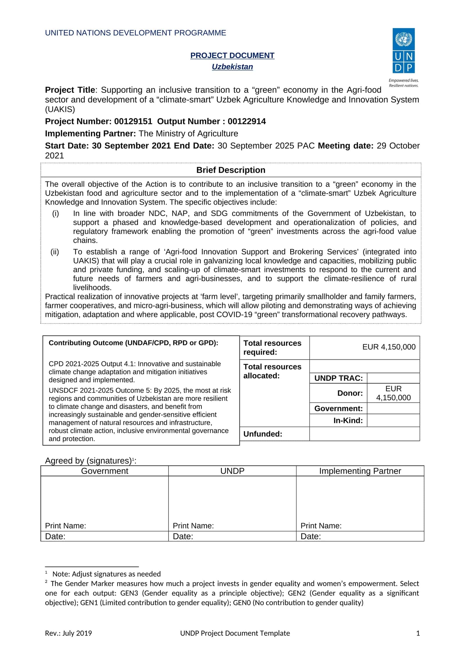 Supporting an inclusive transition to a “green” economy in the Agri-food sector and development of a “climate-smart” Uzbek Agriculture Knowledge and Innovation System (UAKIS) 1