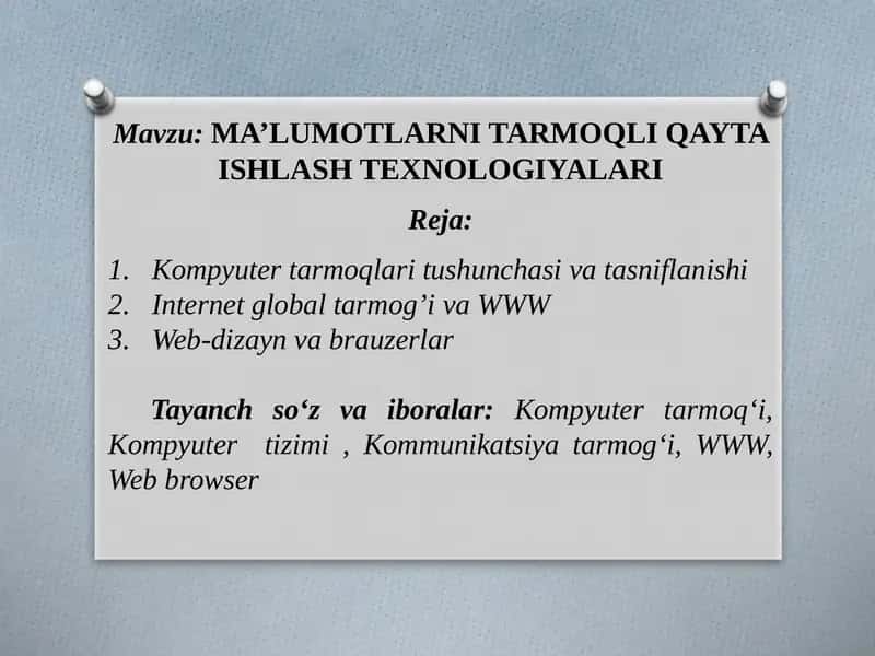 MA’LUMOTLARNI TARMOQLI QAYTA ISHLASH TEXNOLOGIYALARI 1