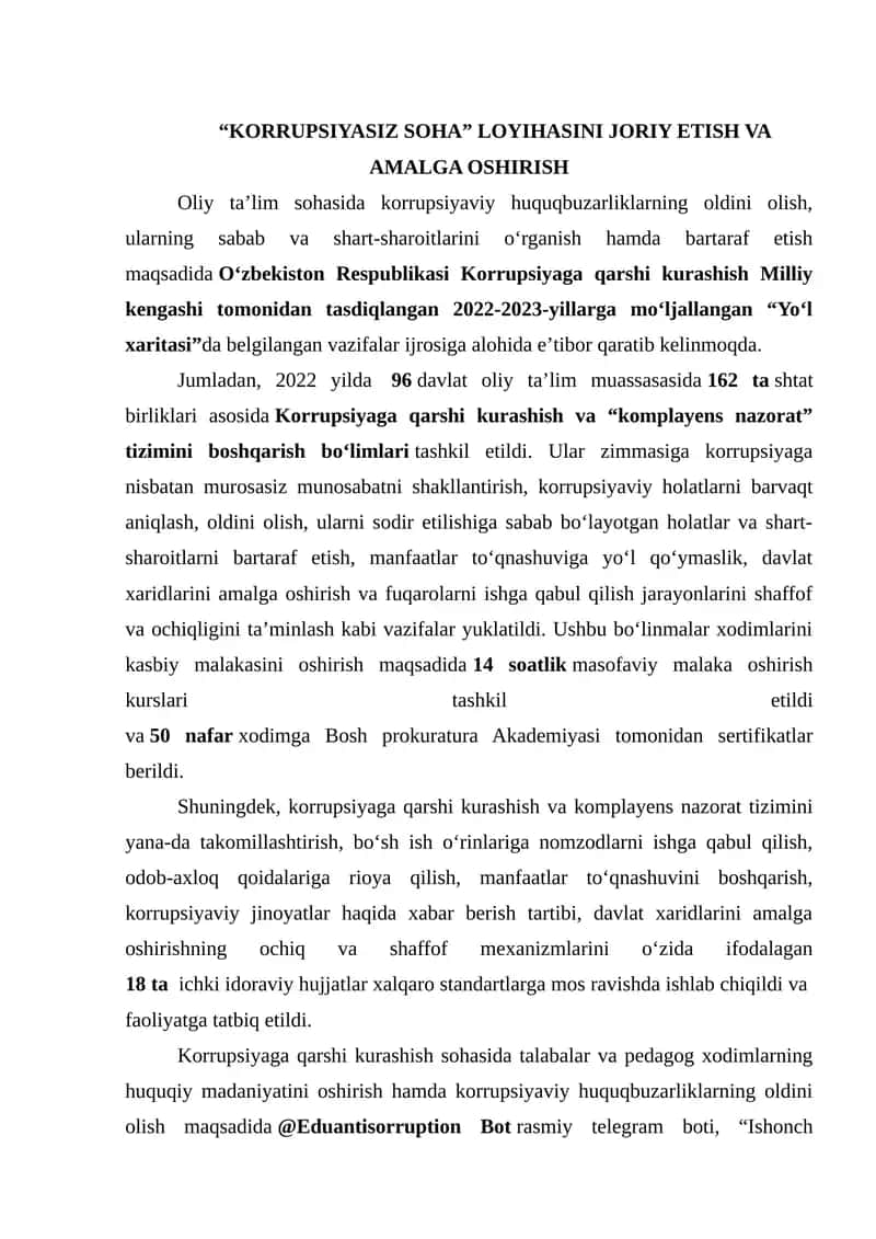 “KORRUPSIYASIZ SOHA” LOYIHASINI JORIY ETISH VA AMALGA OSHIRISH 1