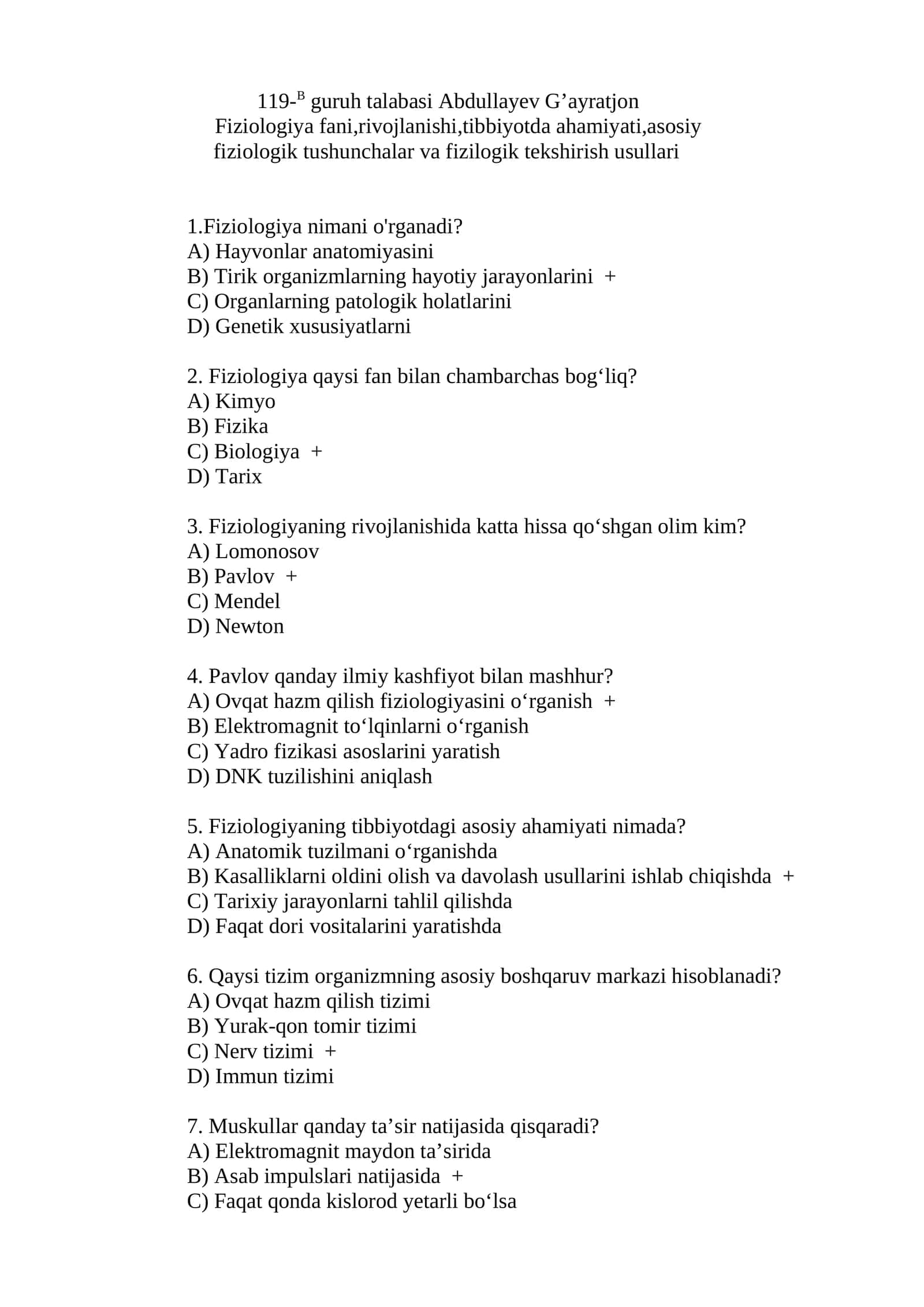 Fiziologiya fani haqida test savollar 1
