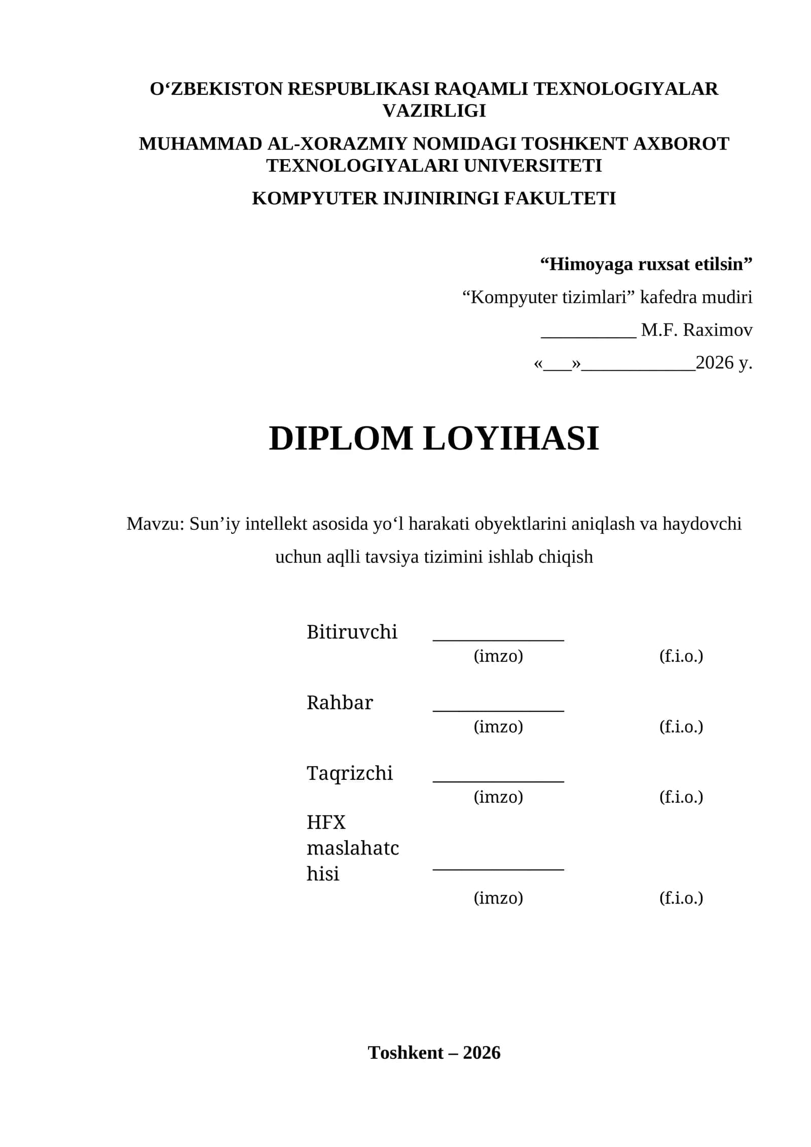 Sun’iy intellekt asosida yo‘l harakati obyektlarini aniqlash va haydovchi uchun aqlli tavsiya tizimini ishlab chiqish diplom ishi 1