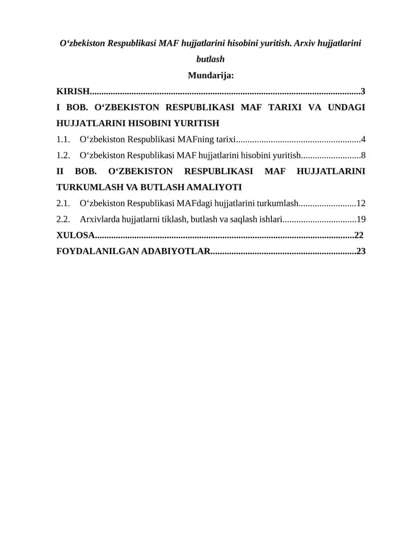 O‘zbekiston Respublikasi MAF hujjatlarini hisobini yuritish. Arxiv hujjatlarini butlash 1