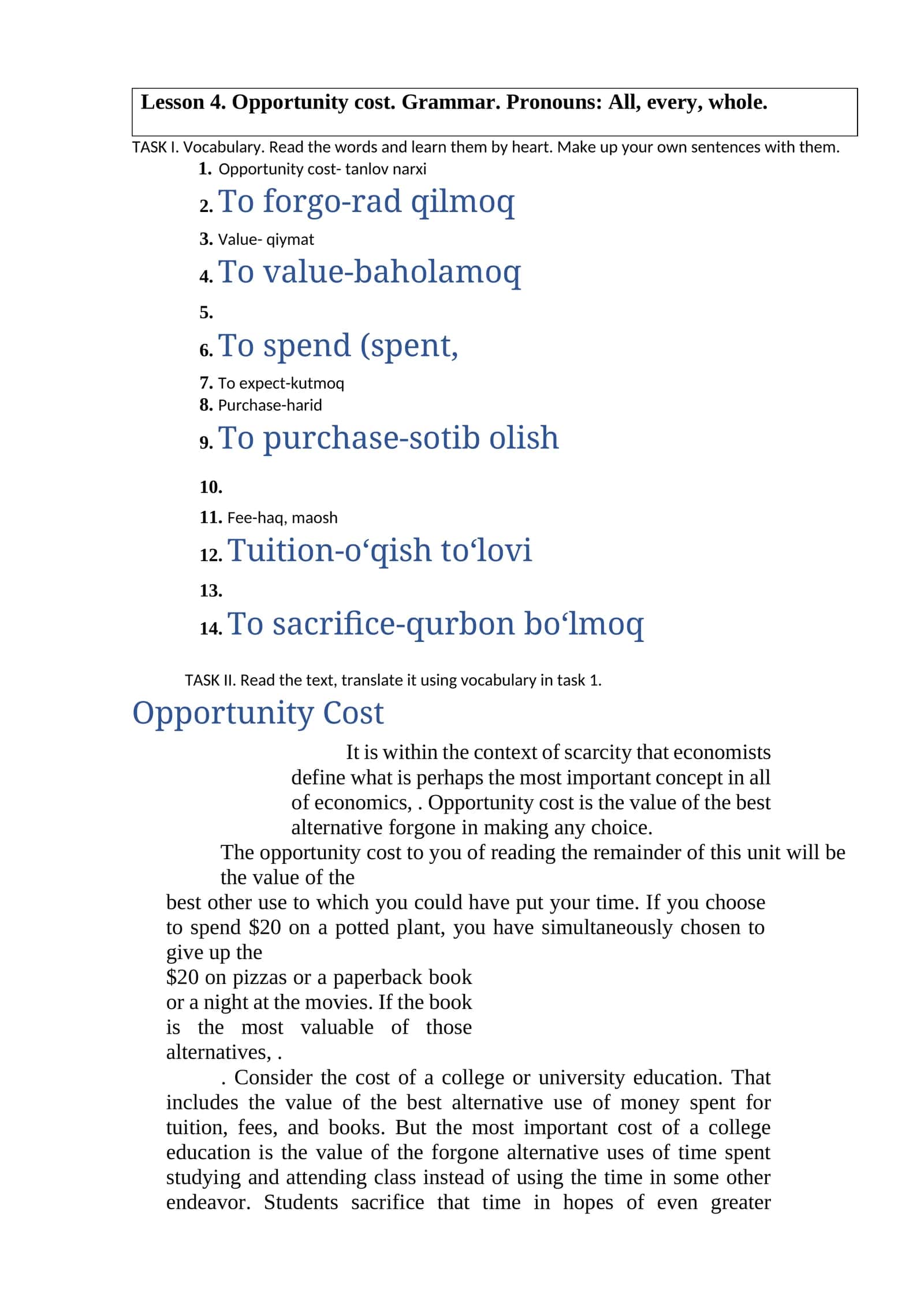 Mavzu 4. Tanlov narxi. Talkum. Pronouns: All, every, whole 1