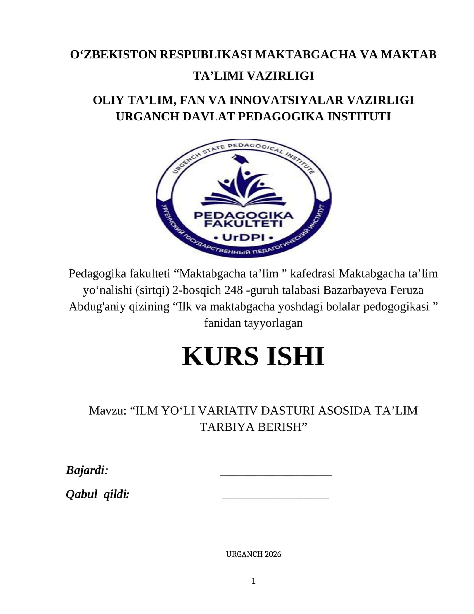 ILM YOʻLI VARIATIV DASTURI ASOSIDA TA’LIM TARBIYA BERISH 1