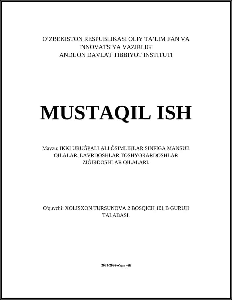 IKKI URUĜPALLALI ÒSIMLIKLAR SINFIGA MANSUB OILALAR 1