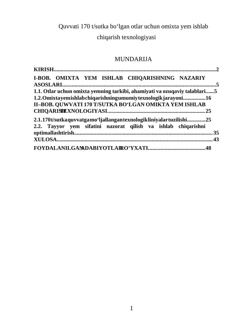 Omixta yem ishlab chiqarish texnologiyasi 1