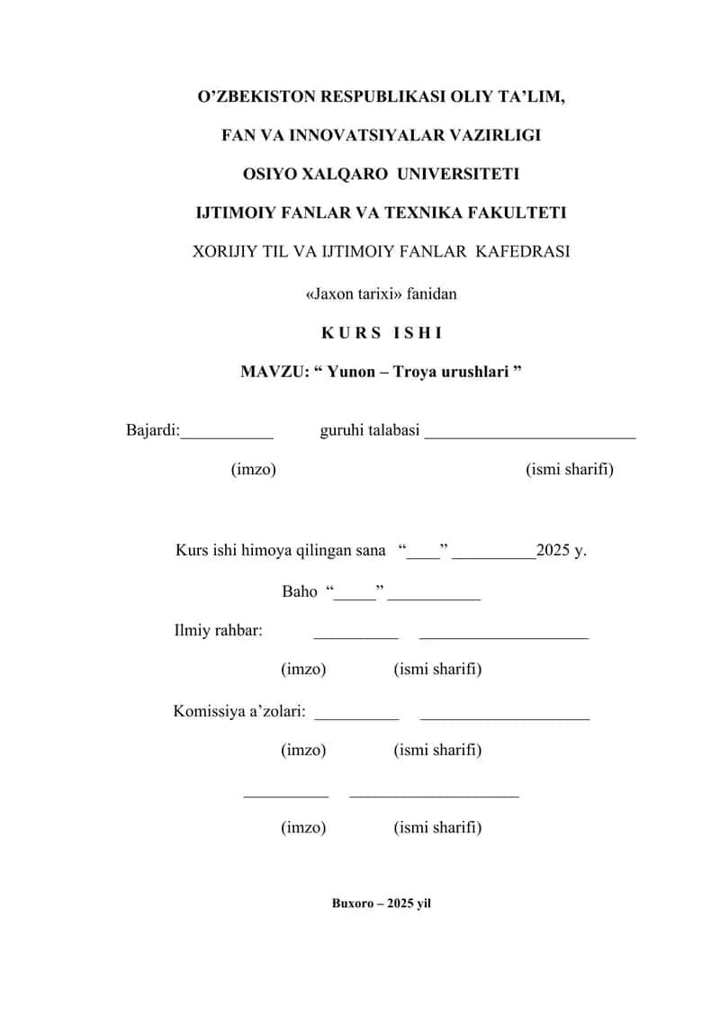 Yunon – Troya urushlari   KURS ISHI 1