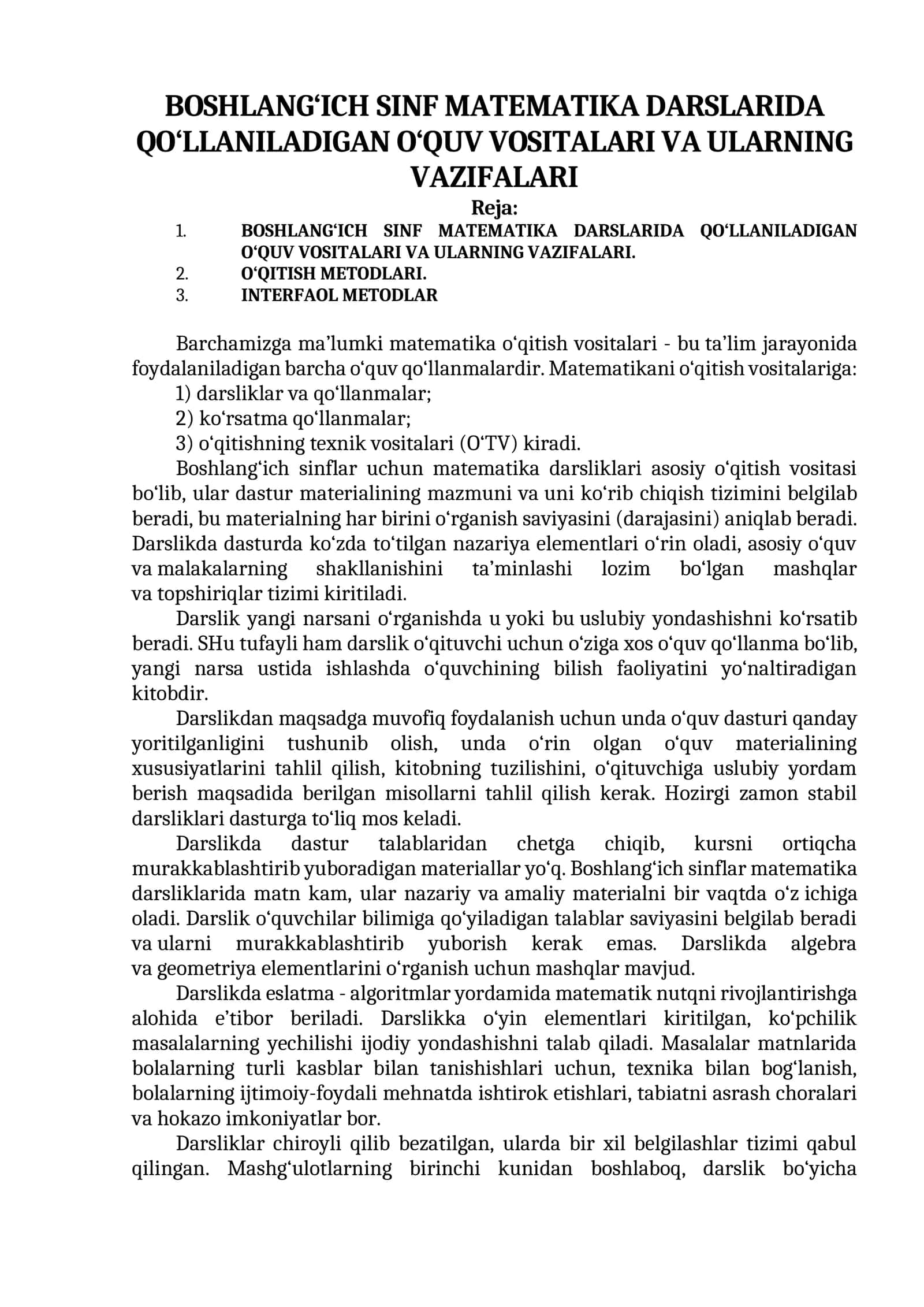 BOSHLANG‘ICH SINF MATEMATIKA DARSLARIDA QO‘LLANILADIGAN O‘QUV VOSITALARI VA ULARNING VAZIFALARI 1
