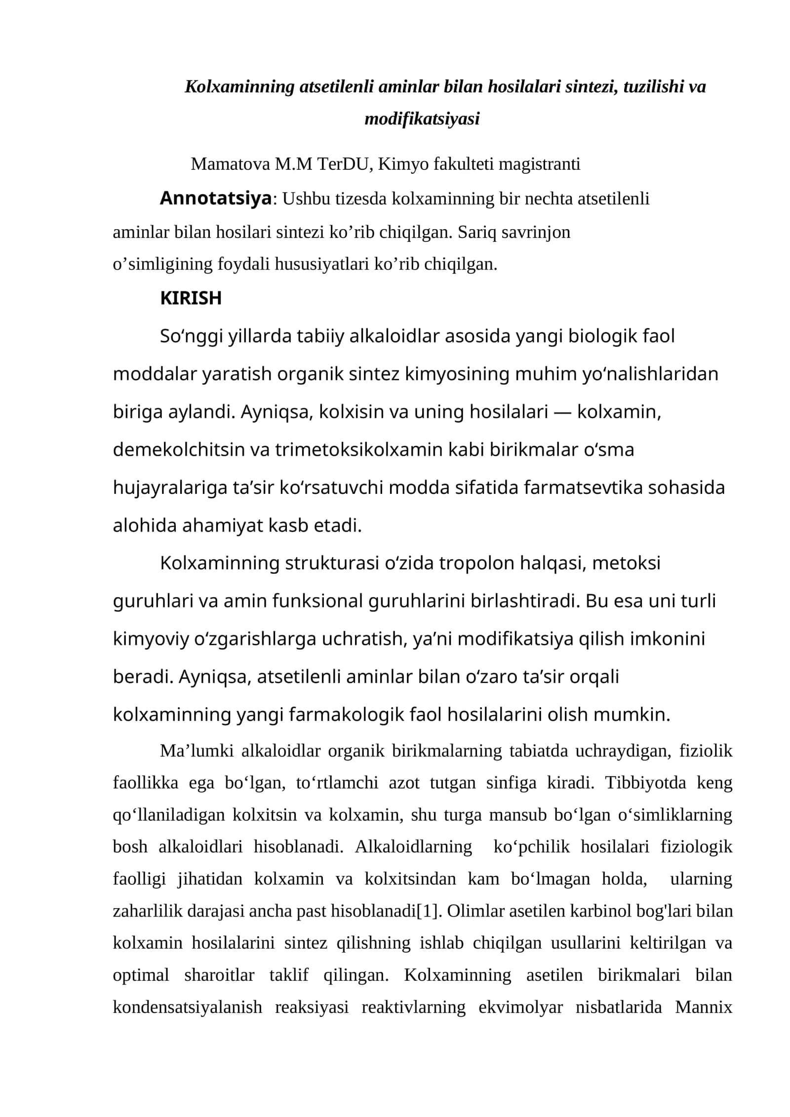Kolxaminning atsetilenli aminlar bilan hosilalari sintezi, tuzilishi va modifikatsiyasi 1