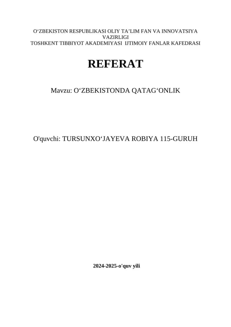 OʻZBEKISTONDA QATAGʻONLIK 1