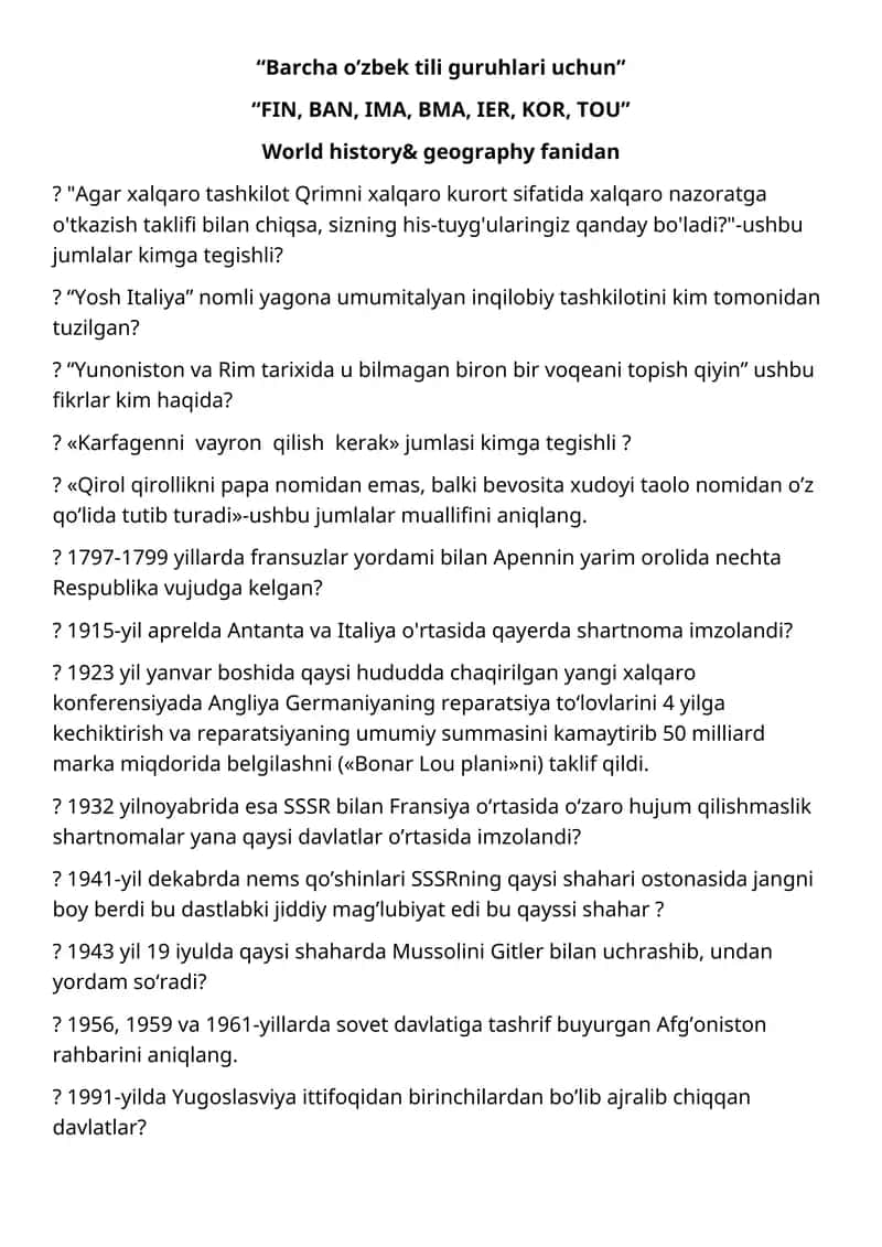 Barcha o’zbek tili guruhlari uchun 1
