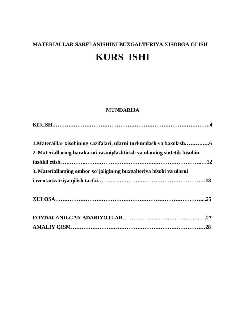 MATERIALLAR SARFLANISHINI BUXGALTERIYA XISOBGA OLISH 1