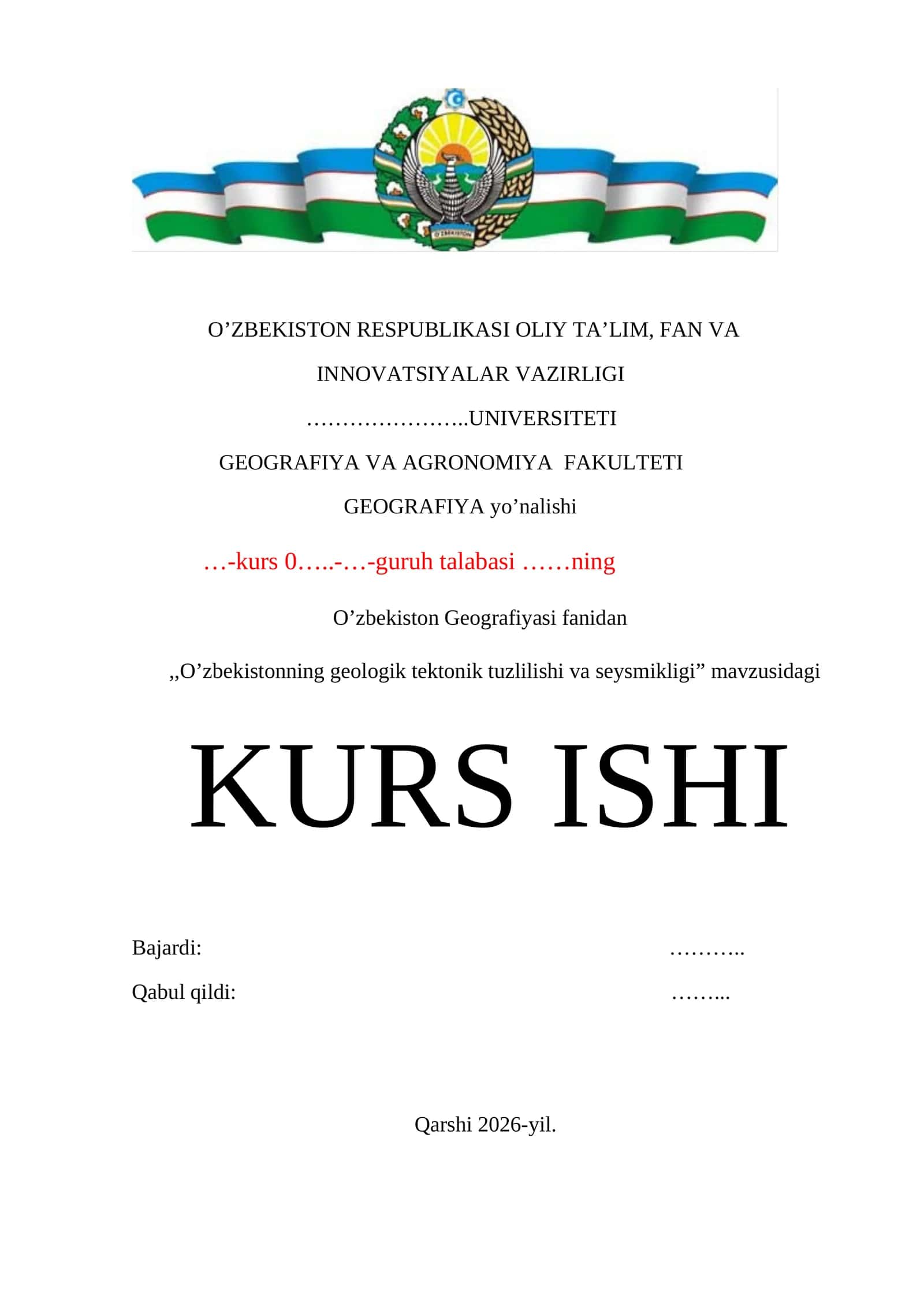 O’zbekistonning geologik tektonik tuzlilishi va seysmikligi mavzusida tayyor kurs ishi 1
