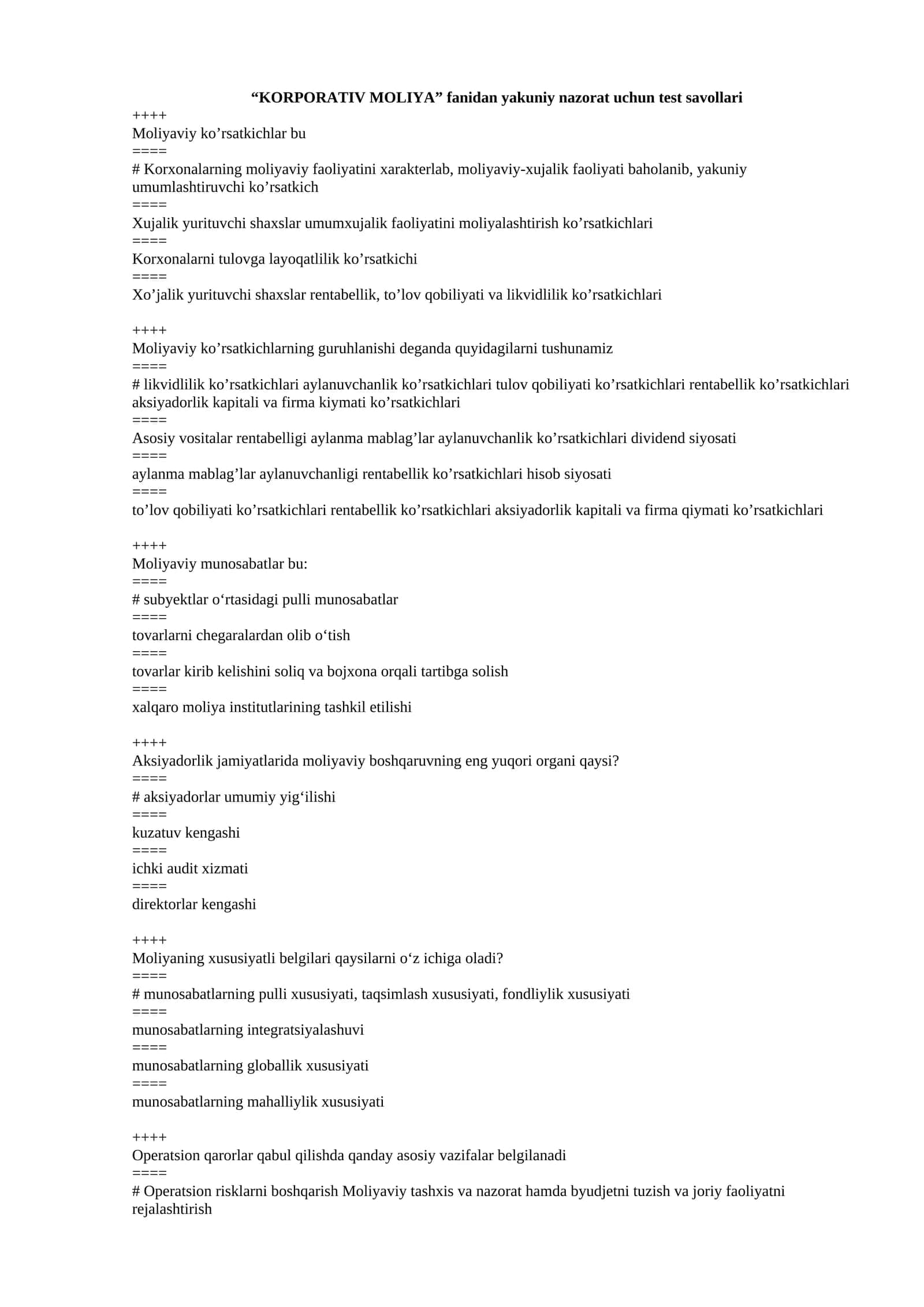 KORPORATIV MOLIYA fanidan yakuniy nazorat uchun test savollari 1