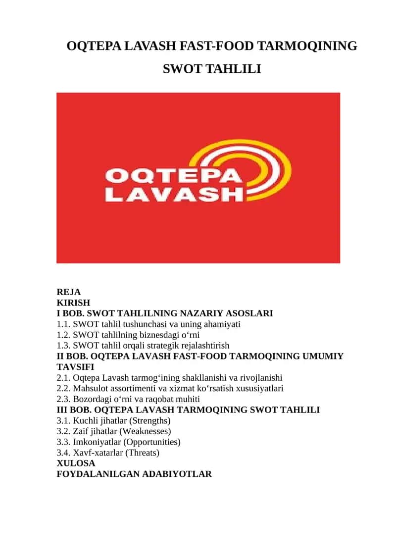 OQTEPA LAVASH FAST-FOOD TARMOQINING SWOT TAHLILI 1