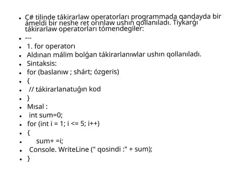 C# tilinde tákirarlaw operatorları
