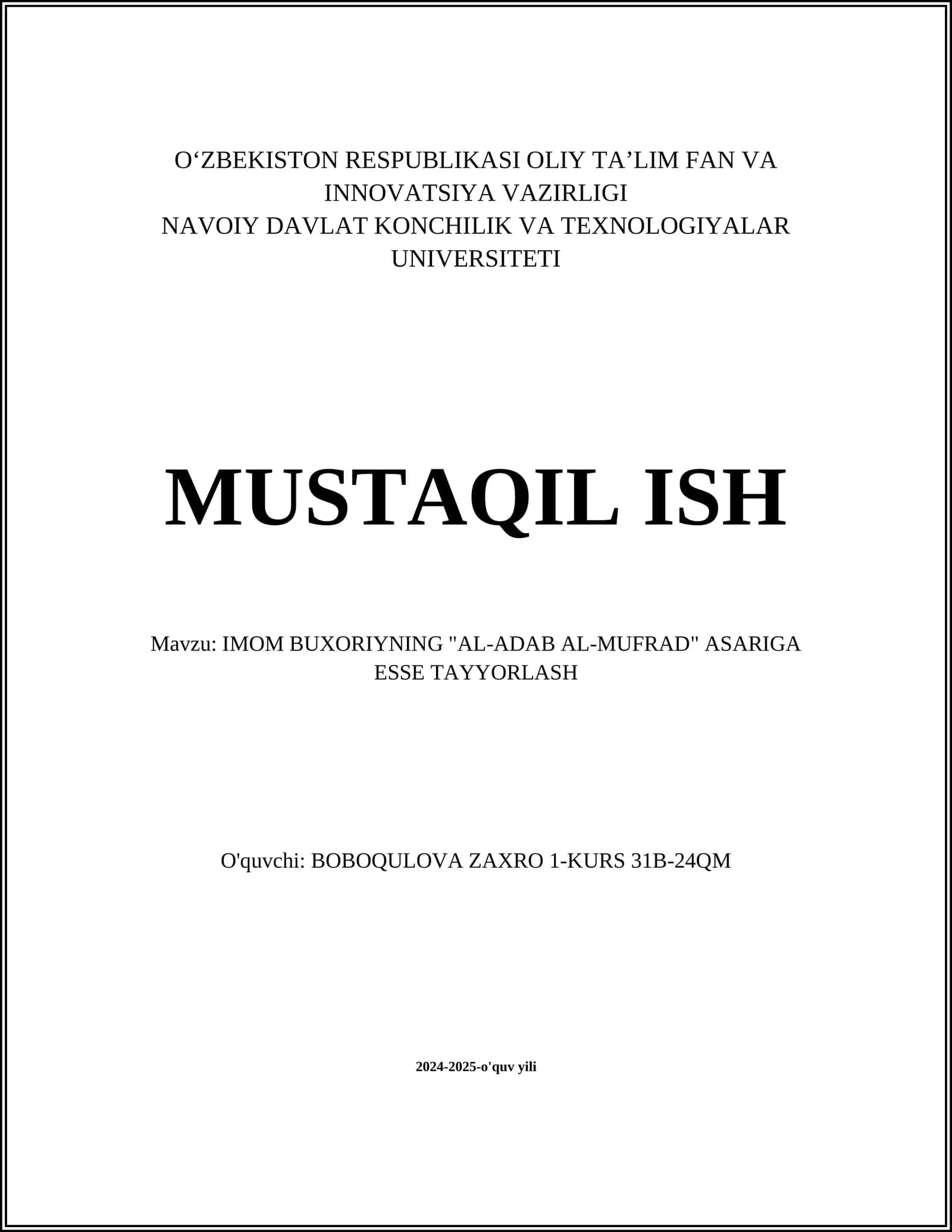 IMOM BUXORIYNING "AL-ADAB AL-MUFRAD" ASARIGA ESSE TAYYORLASH 1