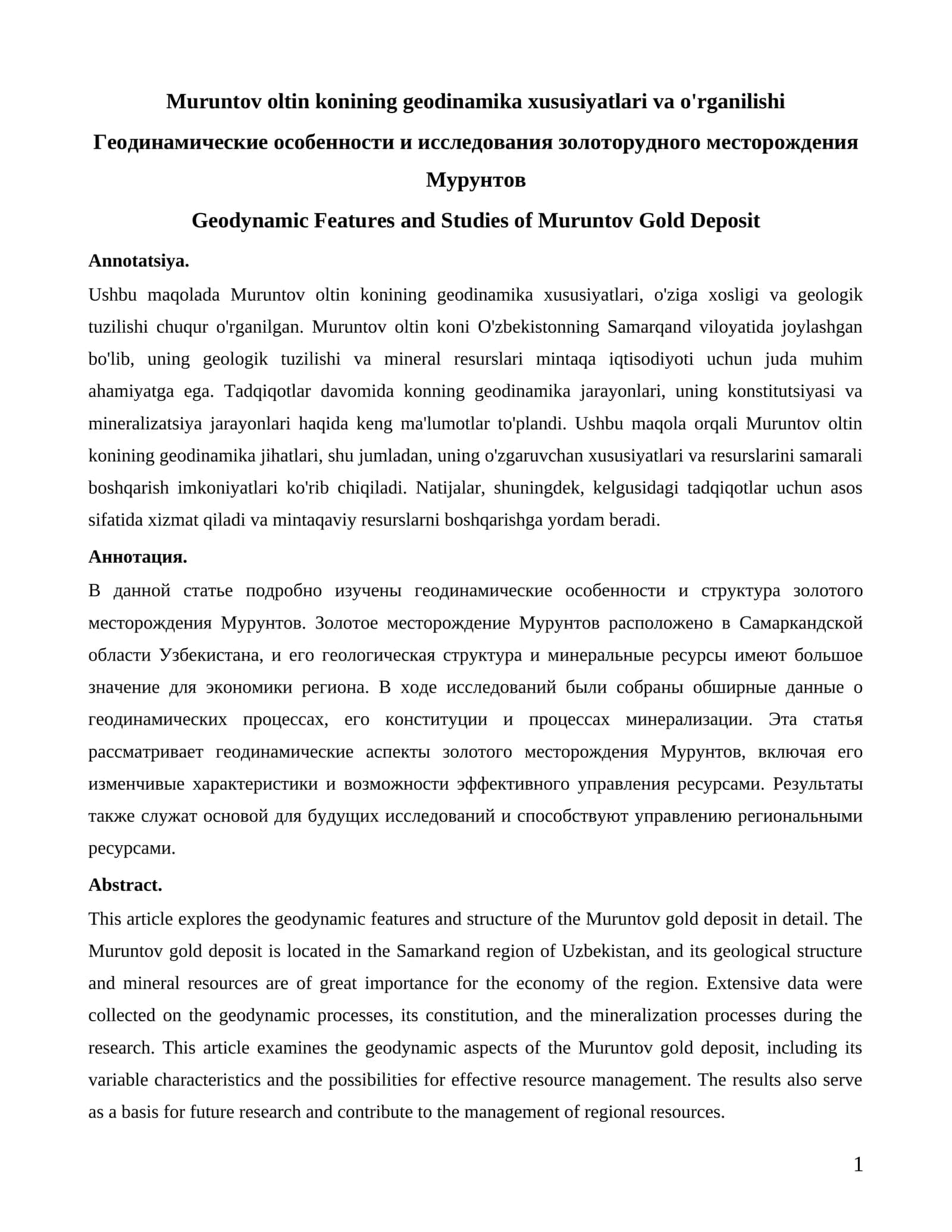 Muruntov oltin konining geodinamika xususiyatlari va o'rganilishi 1