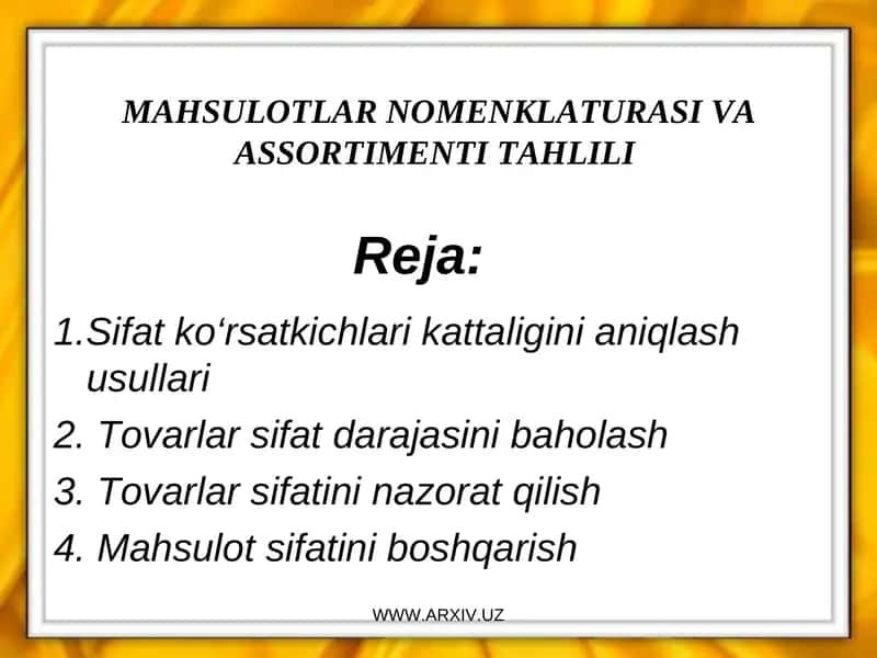 MAHSULOTLAR NOMENKLATURASI VA ASSORTIMENTI TAHLILI 1