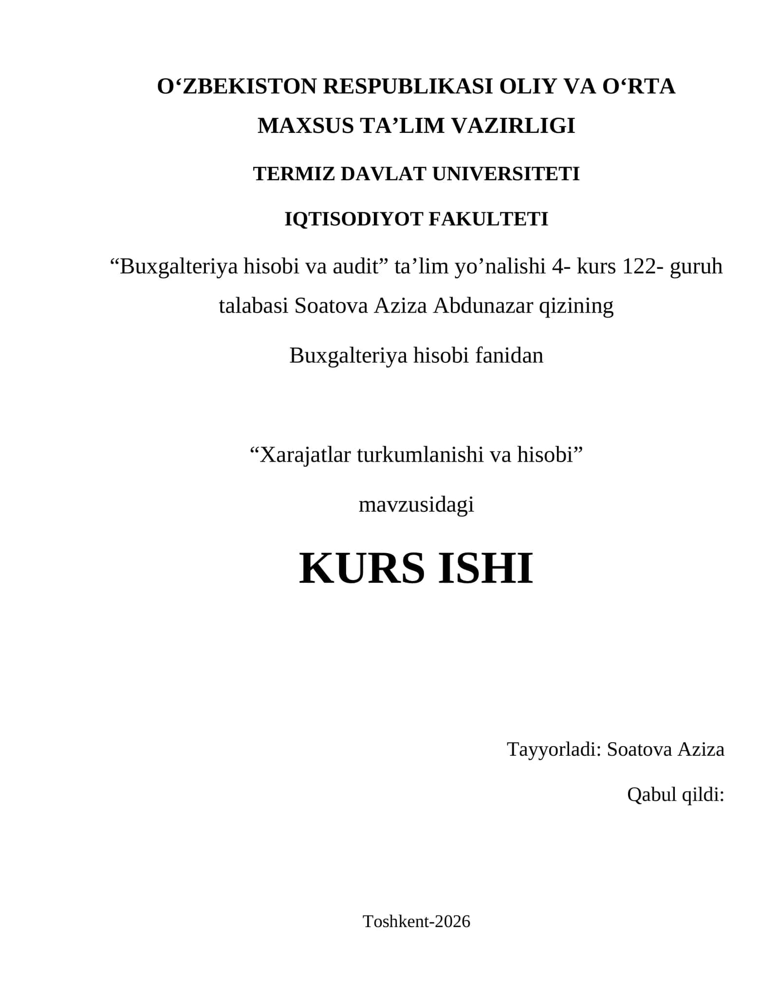 Xarajatlar turkumlanishi va hisobi 1