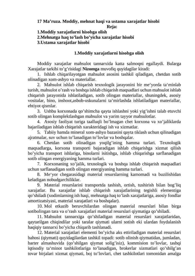 Moddiy, mehnat haqi va ustama xarajatlar hisobi 1
