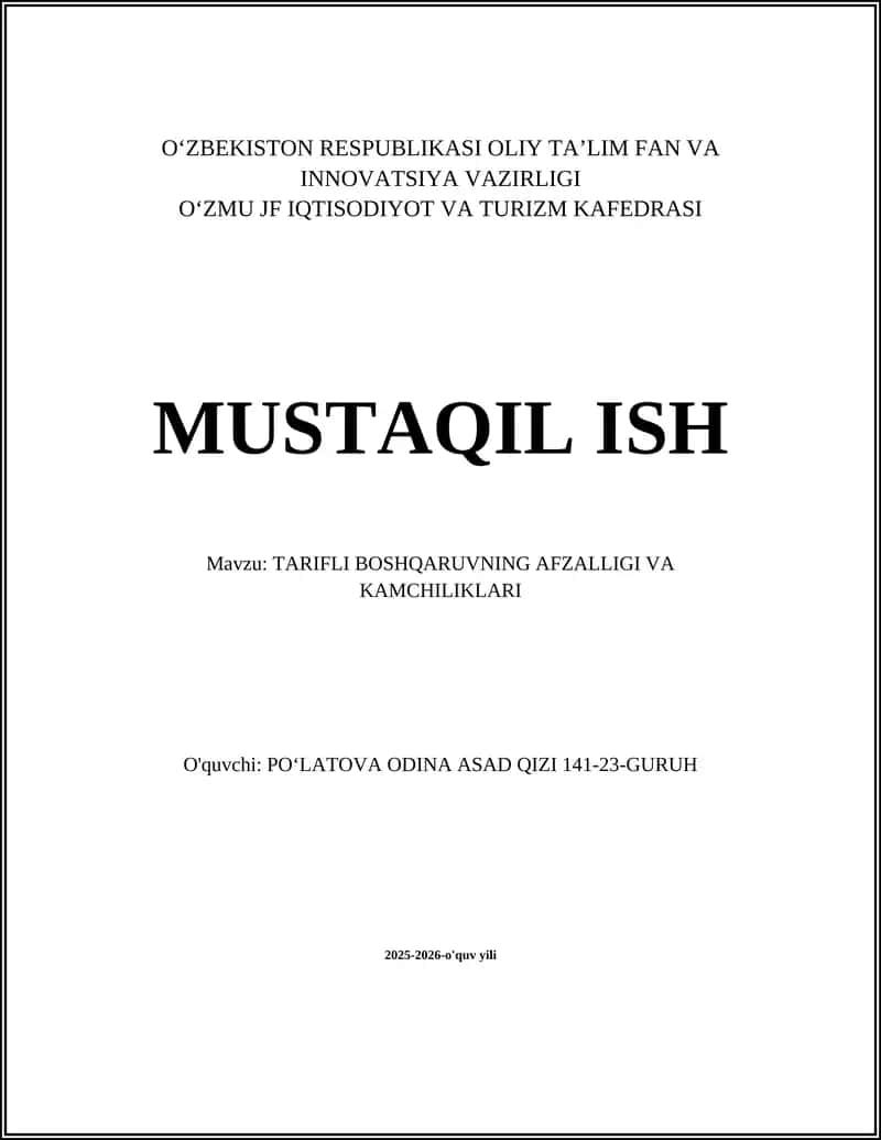 TARIFLI BOSHQARUVNING AFZALLIGI VA KAMCHILIKLARI 1