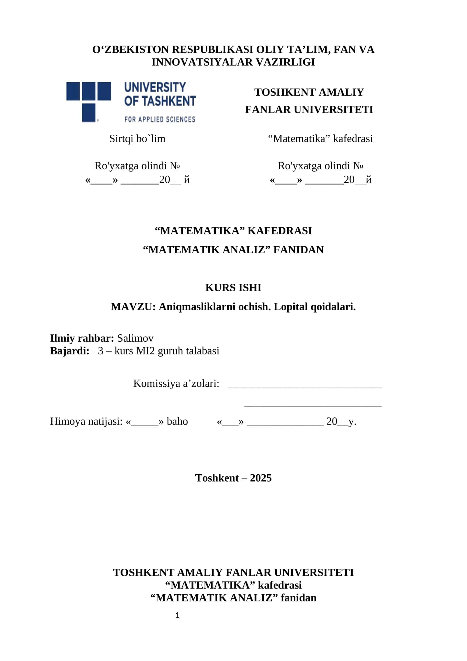 Aniqmasliklarni ochish. Lopital qoidalari 1
