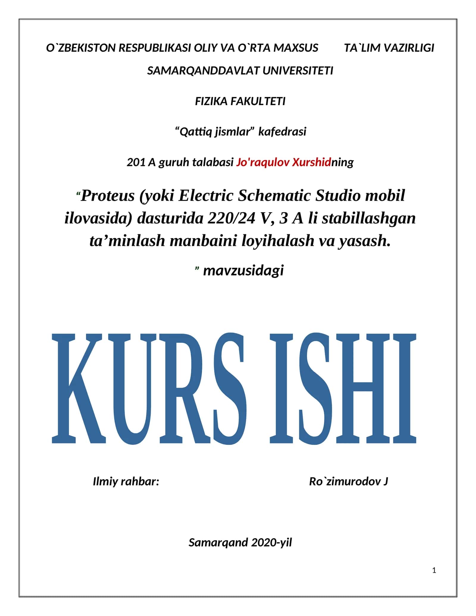 Proteus (yoki Electric Schematic Studio mobil ilovasida) dasturida 220/24 V, 3 A li stabillashgan ta’minlash manbaini loyihalash va yasash 1