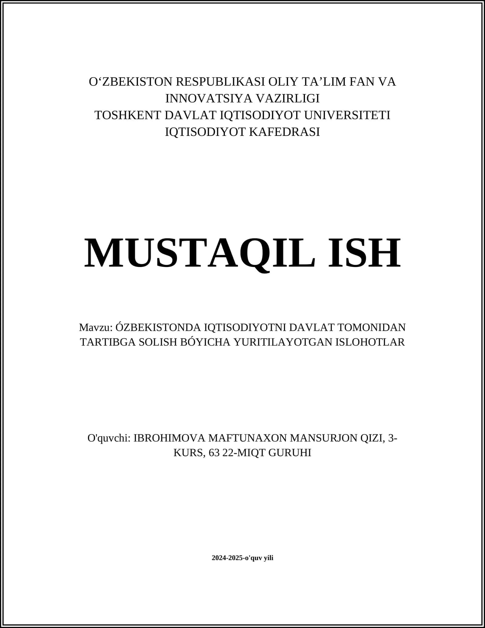 ÓZBEKISTONDA IQTISODIYOTNI DAVLAT TOMONIDAN TARTIBGA SOLISH BÓYICHA YURITILAYOTGAN ISLOHOTLAR 1