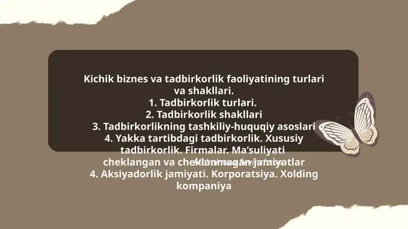 Tadbirkorlik faoliyatining turlari va shakllari 1