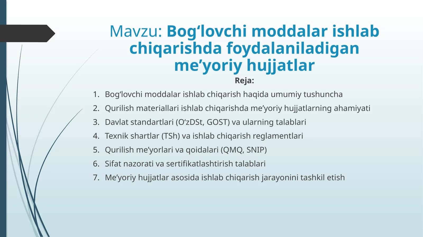Bogʻlovchi moddalar ishlab chiqarishda foydalaniladigan meʼyoriy hujjatlar 1