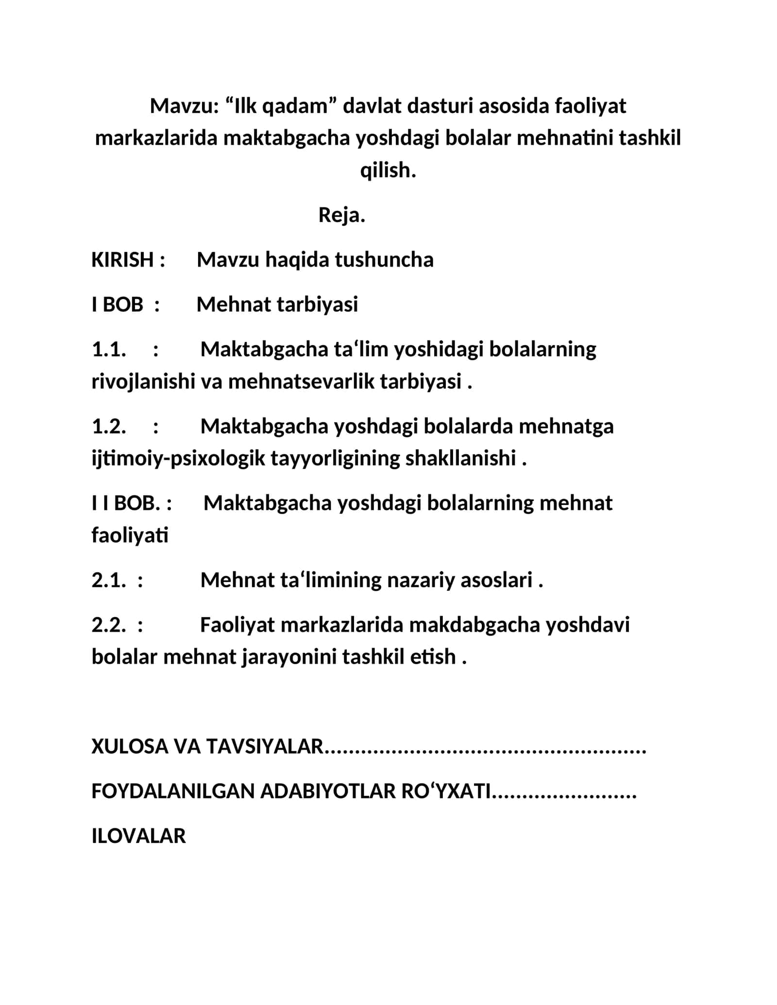 "Ilk qadam" davlat dasturi asosida faoliyat markazlarida maktabgacha yoshdagi bolalar mehnatini tashkil qilish 1