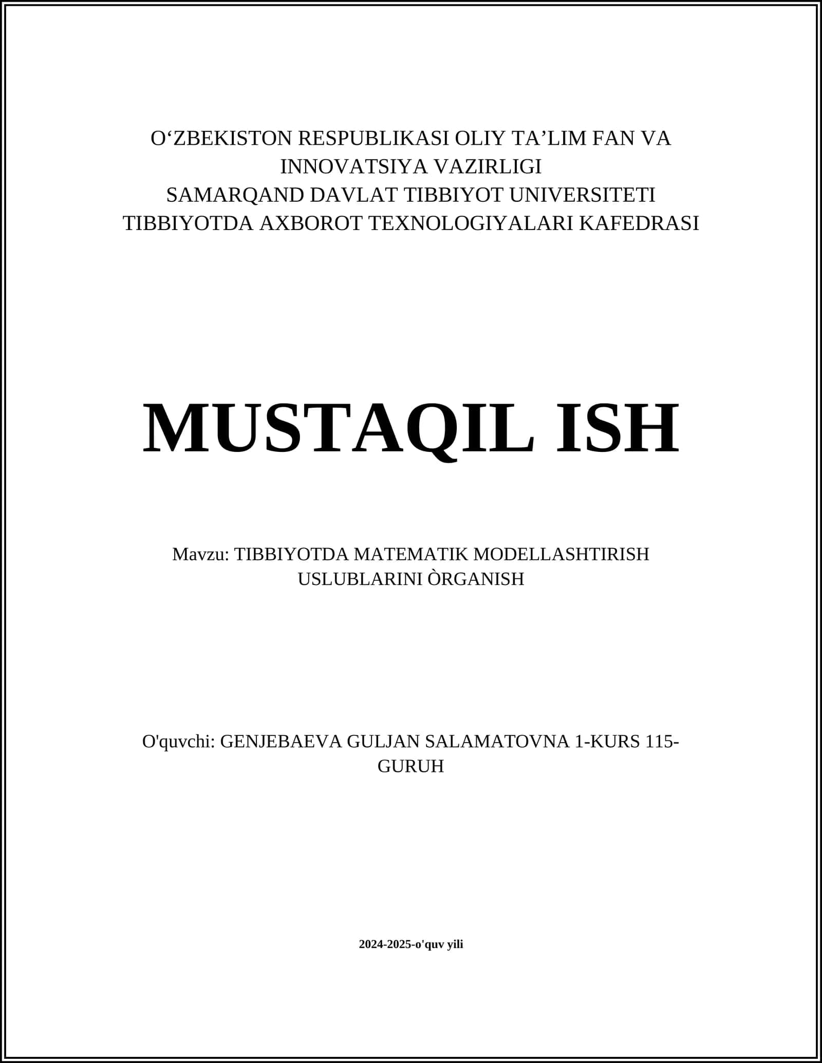 TIBBIYOTDA MATEMATIK MODELLASHTIRISH USLUBLARINI ÒRGANISH 1