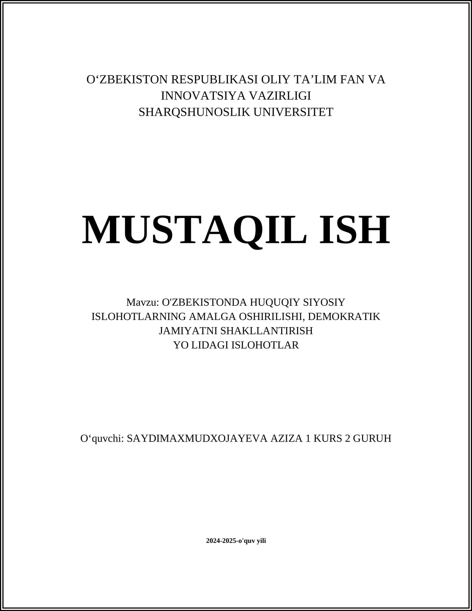 O'ZBEKISTONDA HUQUQIY SIYOSIY ISLOHOTLARNING AMALGA OSHIRILISHI 1