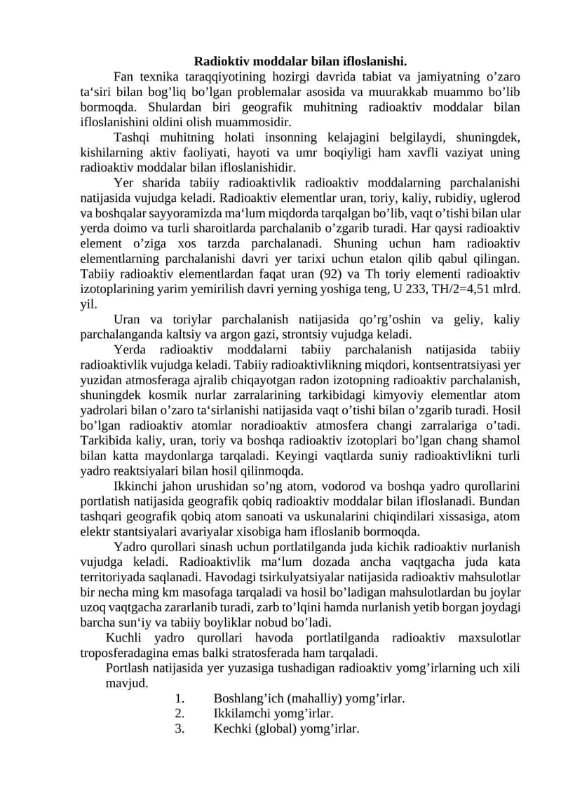 Radioaktiv moddalar bilan ifloslanishi 1