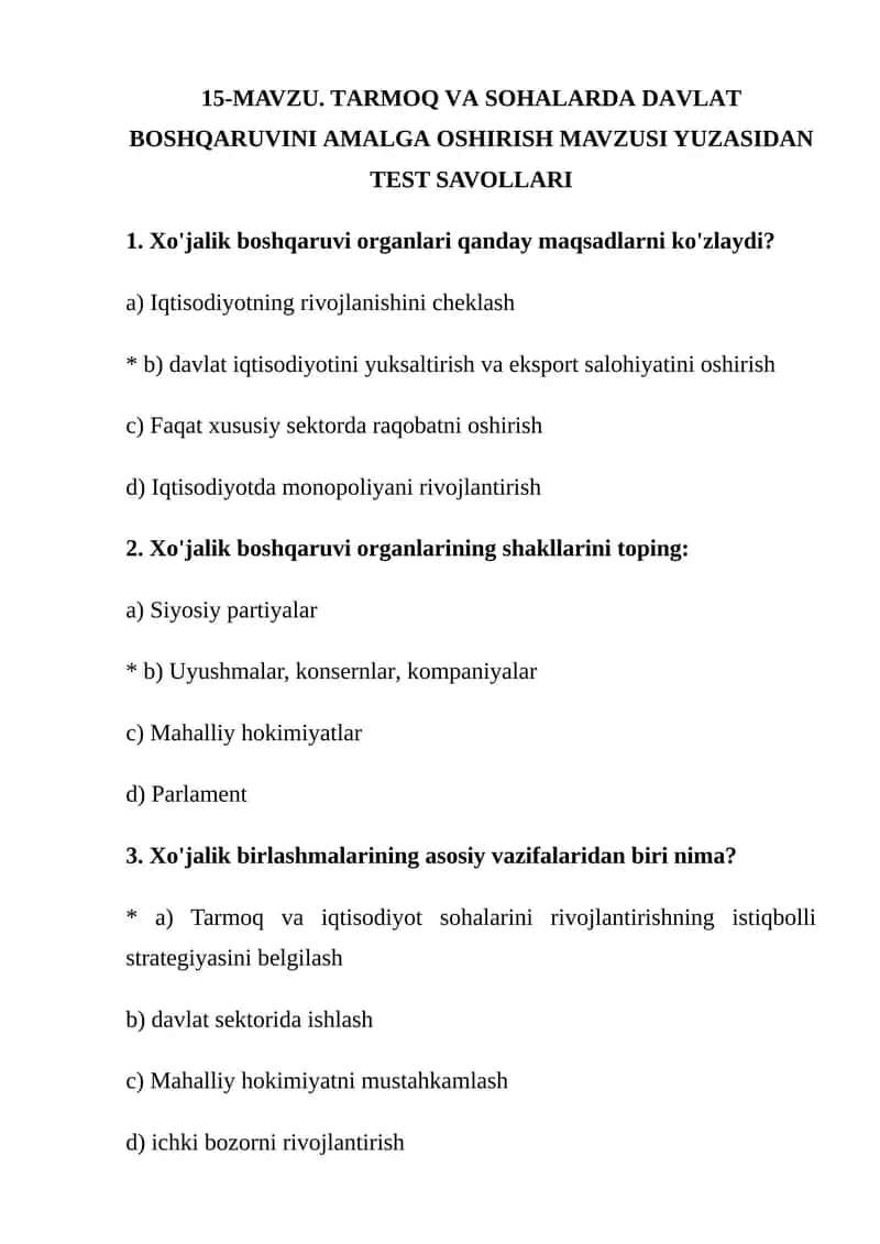 Tarmoq va sohalarida davlat boshqaruvini amalga oshirish mavzusi yuzasidan test savollari 1