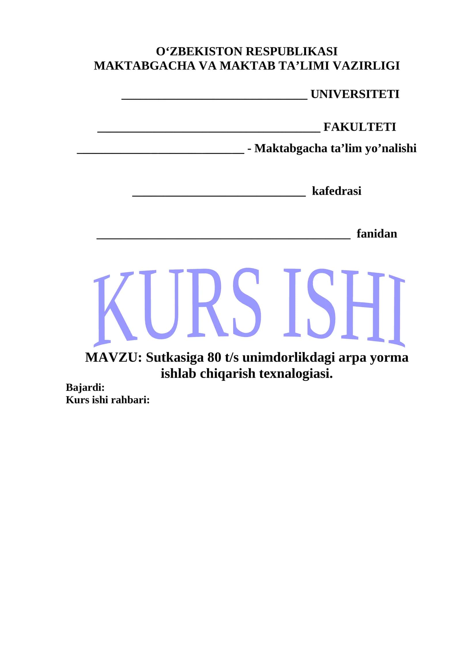 Sutkasiga 80 t/s unimdorlikdagi arpa yorma ishlab chiqarish texnalogiasi. 1